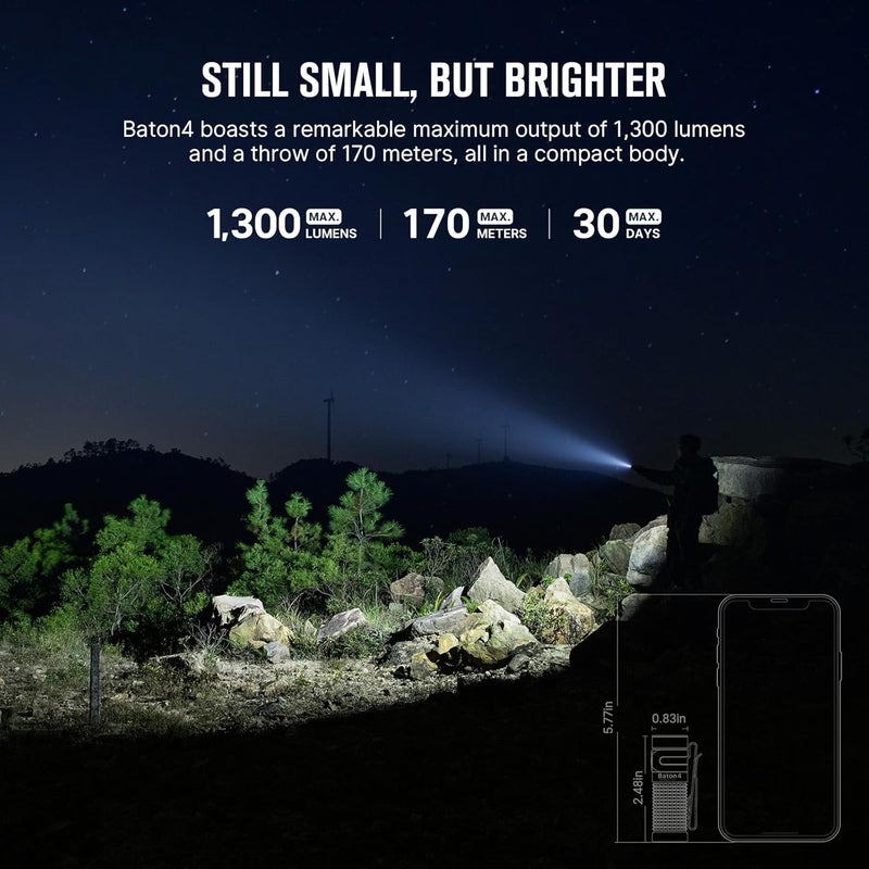 OLIGHT Baton4 Rechargeable EDC Flashlight, Bright LED Flashlight 1300 Lumens with Charging Cable, IPX8 Waterproof, 6 Adjustable Modes Handheld Light for Home, Camping, and Emergencies (Black) - Image 2